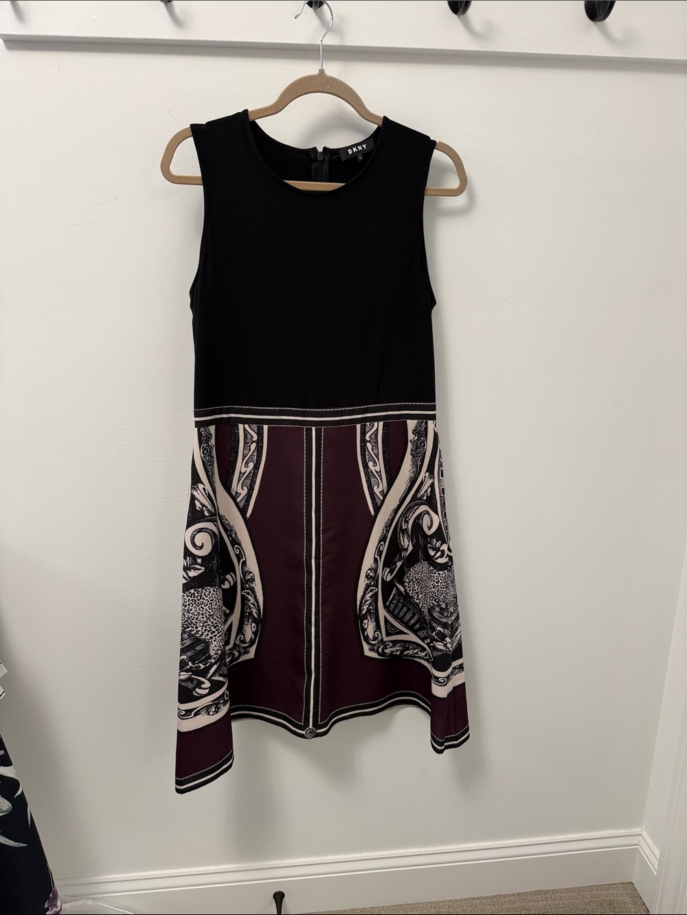 DKNY Black Bodice with Burgundy and Cream Patterned Skirt Mini Dress